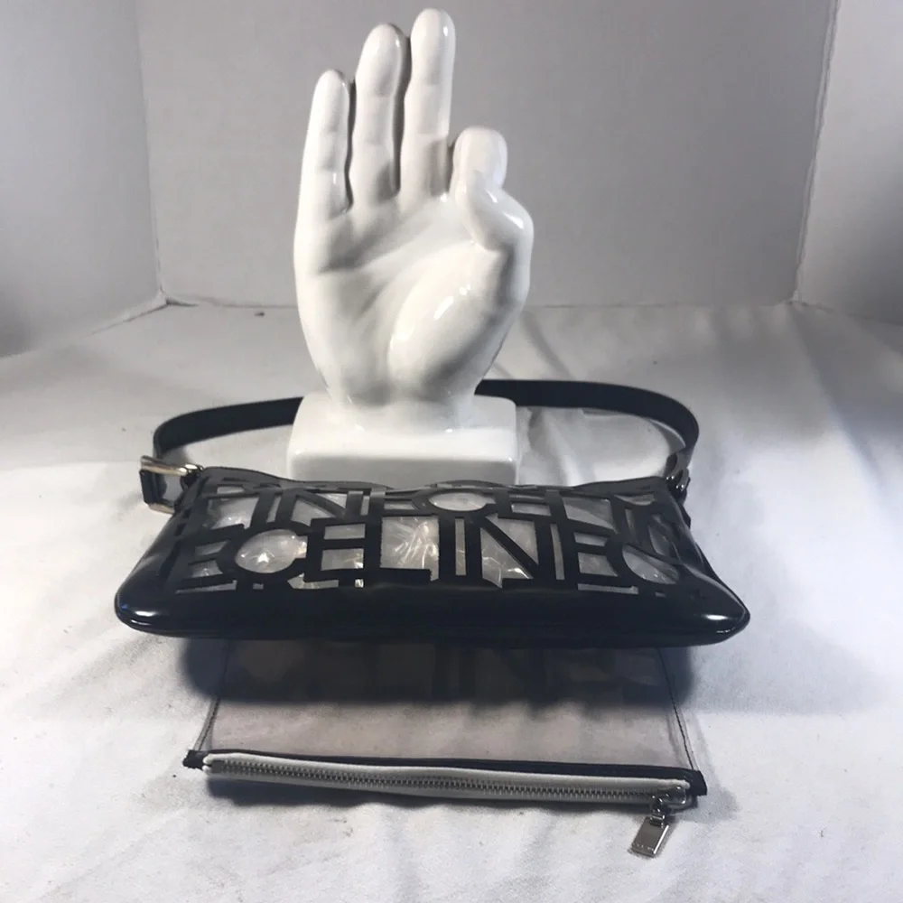 Vintage Celine Translucent Black Patent Leather Laser Cut Out Logo Shoulder Bag